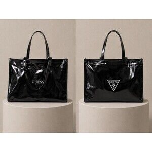 GUESS Black Glossy Tote Bag Large Shopper Shoulder Bag Minimalist